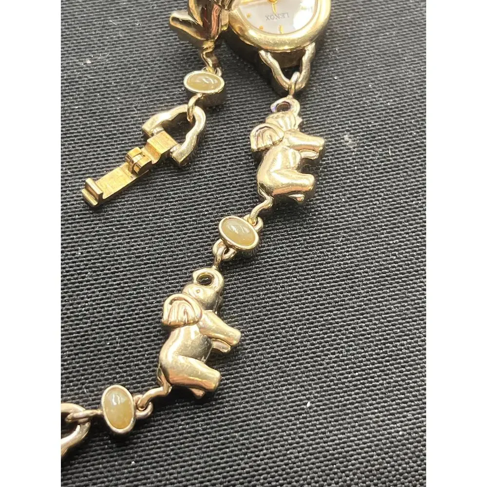 Lenox Vintage Sterling Silver Vermeil Elephant Trunk Up Jade Cabochon Watch 6.5”